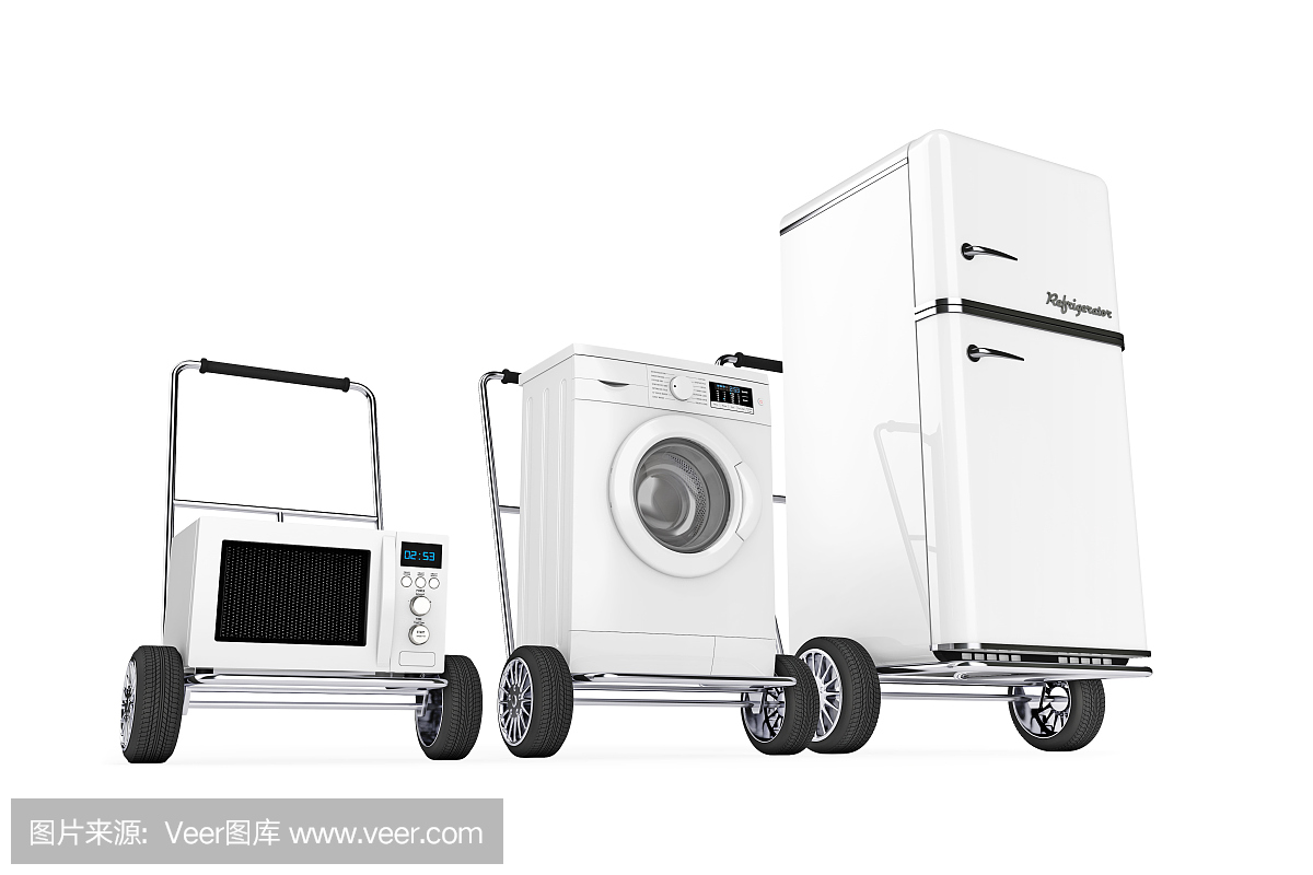 冰箱,洗衣機和微波爐在手推車上。