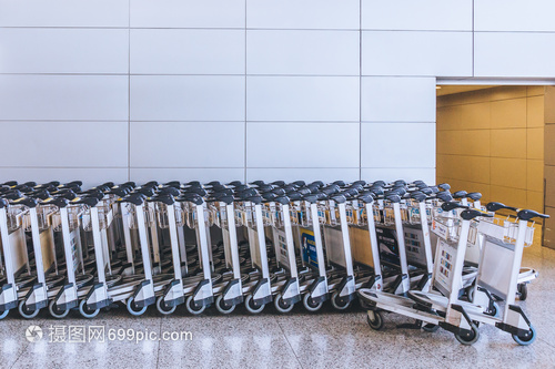 排列整齊的行李手推車